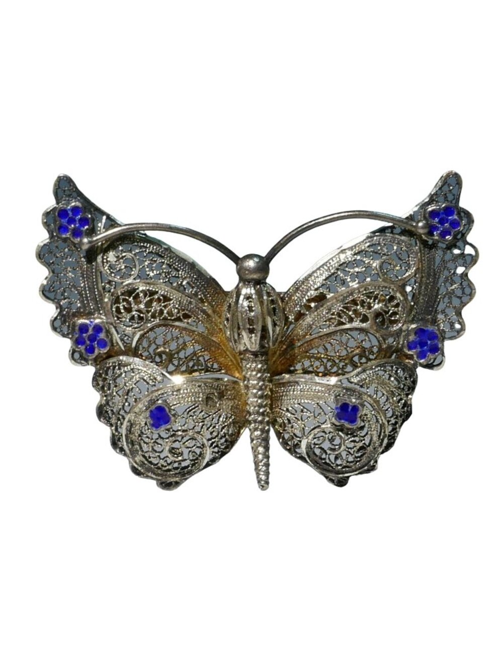 Vintage Italian 800 Silver Filigree Butterfly Brooch Cobalt Blue Enamel Flowers